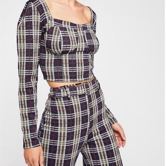 Free People Checkered Crop Top and Pants Set in Navy and Cream - Picture 4 of 16